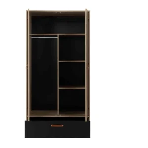 Terre De Nuit Armoire 2 Portes 1 Tiroir En Bois Imitation Chêne Clair Et Noir 200cm 7