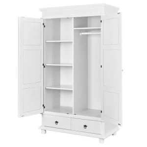 Altobuy Armoire 2 Portes 2 Tiroirs Bois Massif Vernis Blanc 12