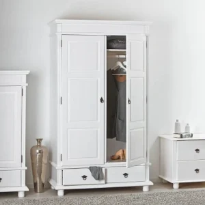 Altobuy Armoire 2 Portes 2 Tiroirs Bois Massif Vernis Blanc 16