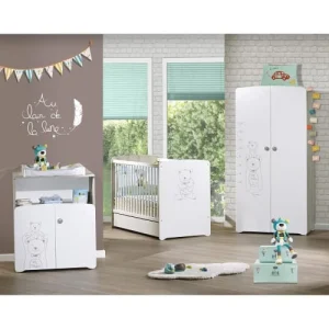 BabyPrice Armoire 2 Portes Bébé 175x85x56cm En Mélamine Blanc 9