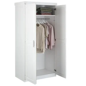 Altobuy Armoire 2 Portes + Penderie Bois Massif Vernis Blanc 12