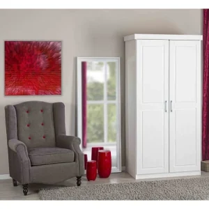 Altobuy Armoire 2 Portes + Penderie Bois Massif Vernis Blanc 16