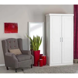 Altobuy Armoire 2 Portes + Penderie Bois Massif Vernis Blanc 18