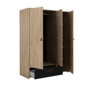 Terre De Nuit Armoire 3 Portes 1 Tiroir En Bois Imitation Chêne Clair Et Noir 200cm 10