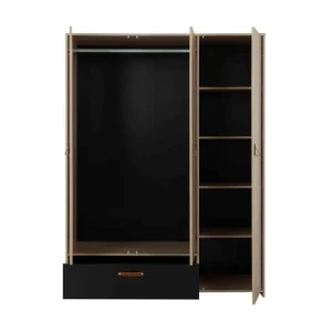 Terre De Nuit Armoire 3 Portes 1 Tiroir En Bois Imitation Chêne Clair Et Noir 200cm 12