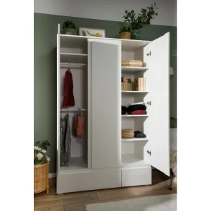 CALICOSY Armoire 3 Portes 2 Tiroirs Blanc- L120 X H191 X P55 Cm 14