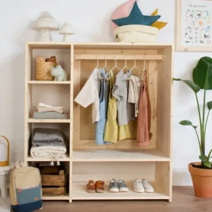 Hannun Armoire Montessori En épicéa Massif De Couleur Beige Avec Du Rotin 9