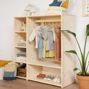 Hannun Armoire Montessori En épicéa Massif De Couleur Beige Avec Du Rotin 11