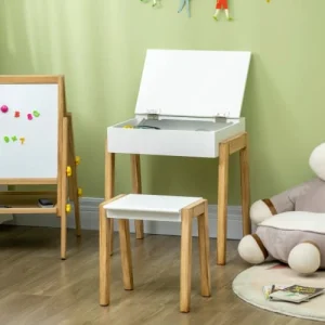 HOMCOM Bureau Enfant Scandinave – Tabouret, Case – Blanc Aspect Bois Clair 9