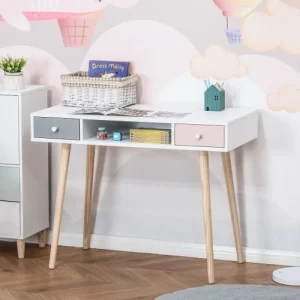 HOMCOM Bureau Enfant Style Scandinave 2 Tiroirs Et 1 Niche Blanc 8