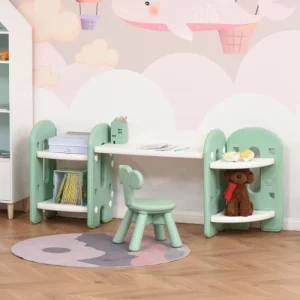 HOMCOM Ensemble Bureau, Chaise Et Bibliothèque Pour Enfant Vert D’eau Blanc 9