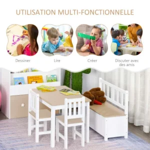 HOMCOM Ensemble De Table Et Chaises Enfant De 4 Pièces Blanc Bois Clair 14