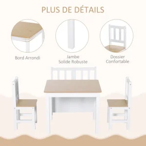 HOMCOM Ensemble De Table Et Chaises Enfant De 4 Pièces Blanc Bois Clair 16