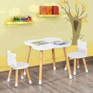 HOMCOM Ensemble Scandinave Table Et Chaises Enfant Motif Ourson Bois Blanc 9