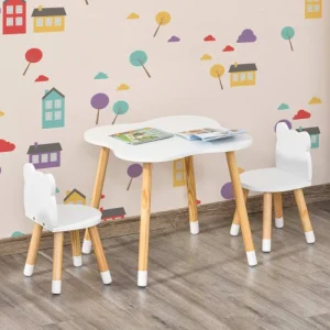 HOMCOM Ensemble Scandinave Table Et Chaises Enfant Motif Ourson Bois Blanc 13